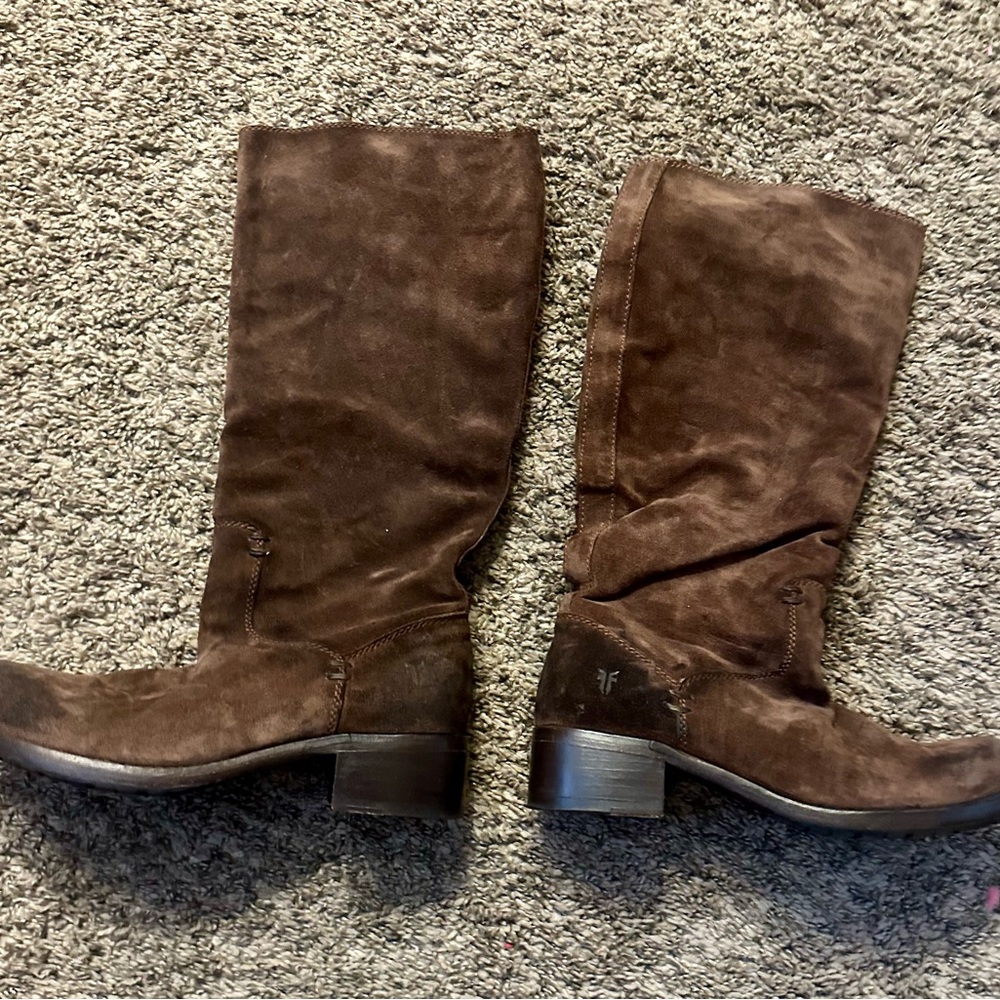 Frye Brown Heeled Boots with Rustic Suede Finish